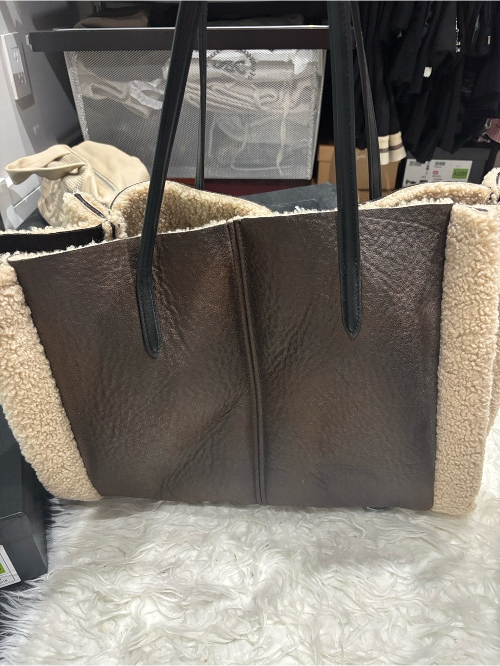 Zara Brown faux Shearling-Trim Leather Tote